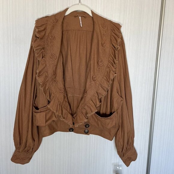 NWOT Free People Sz M ruffle Linen Blend Bishop Sleeve Ginger crop jacket - Picture 1 of 5